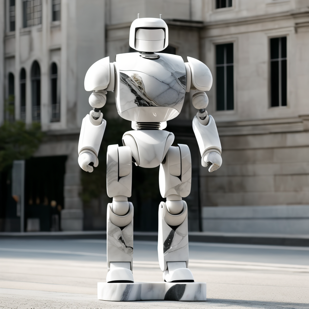 00043-3779164618-a (marblecarvingcd, marble, white_1.2, shiny_1.2) armored robot, (solo_1.2), standing in street, , no humans, high quality, real.png